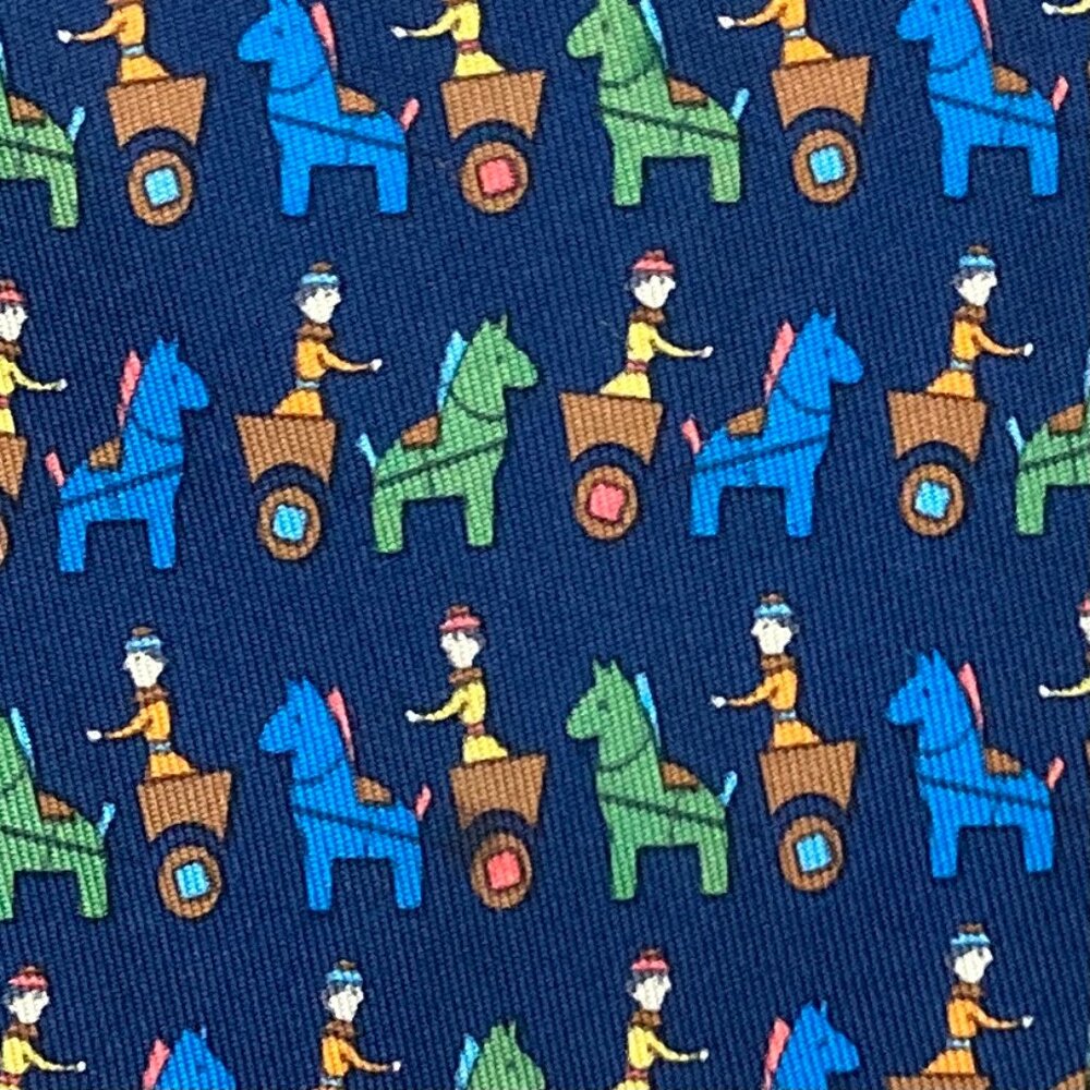 100% REAL HERMES TIE ~ NAVY BLUE w/ WHIMSICAL RED ROMAN CHARIOT RACERS & HORSES